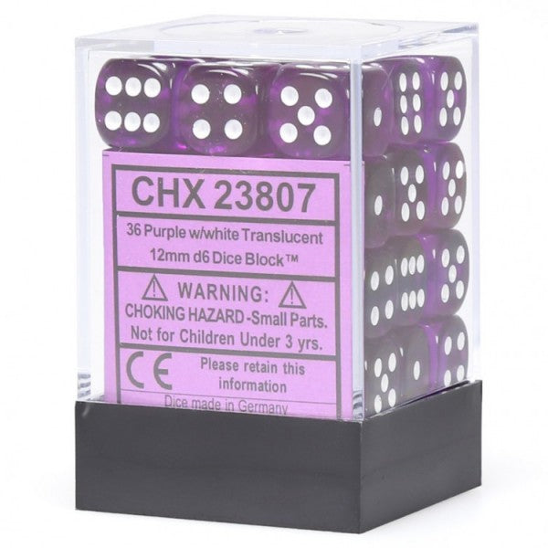 Picture of the Dice: 36 Purple w/white Translucent 12mm D6 Dice Block (12) - CHX23807