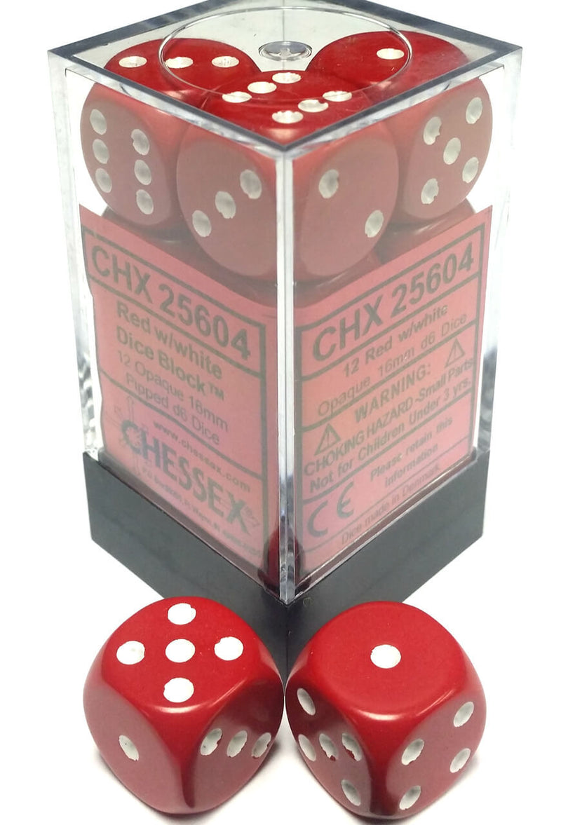 Picture of the Dice: Opaque Red / White 12 Dice Set 16mm D6 - CHX25604