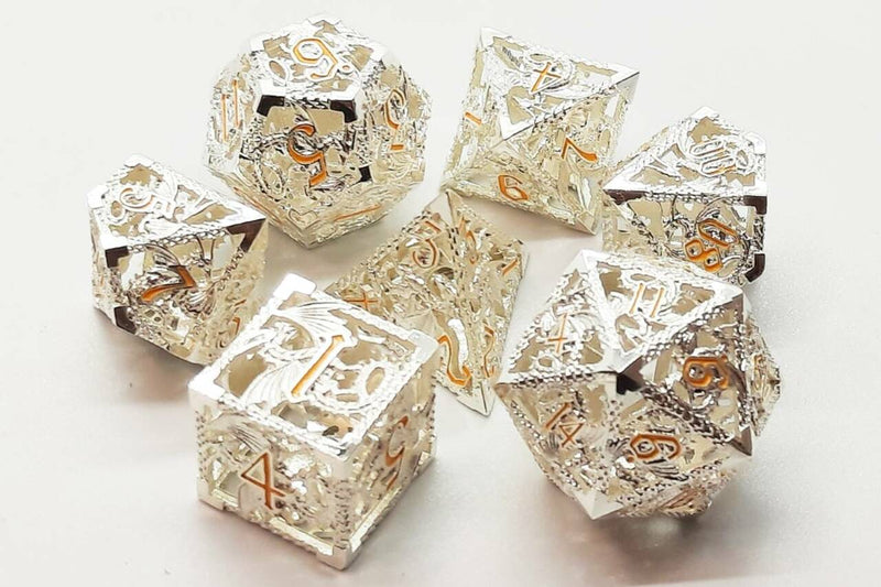 16mm Polyhedral Set (7-Piece): Hollow Dice - Silver w/ Yellow (OSDMTL-80)