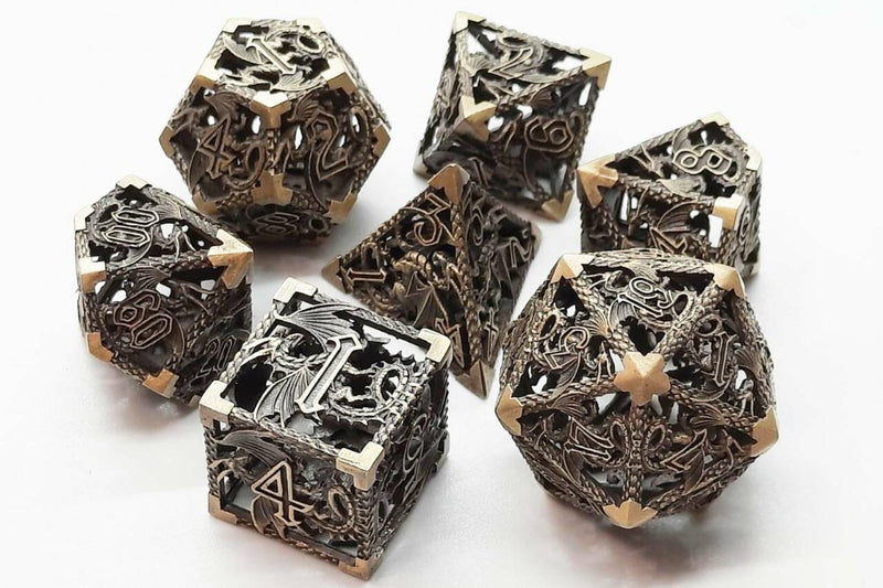 Old School 7 Piece DnD RPG Metal Dice Set: Hollow Dragon Dice - Ancient Gold