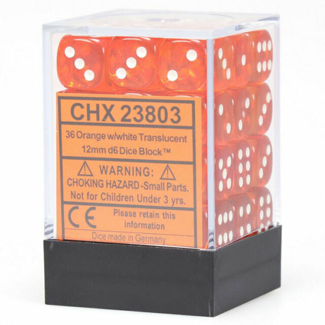 12mm D6 Dice Block (36) - Translucent Orange/White