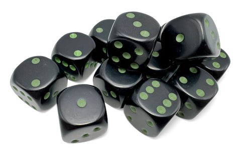16mm D6 Dice Block (12) - Opaque Black/Green