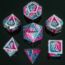 Hymgho Solid Metal Dragon Polyhedral Dice Set - Silver with Pink and Blue