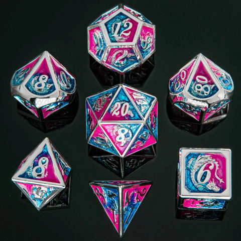 Hymgho Solid Metal Dragon Polyhedral Dice Set - Silver with Pink and Blue