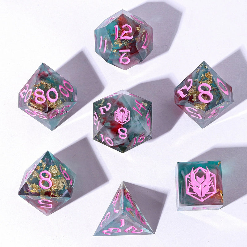 Hymgho 7pc RPG Dice Set: Captured Magic Hand Sanded Sharp Edge Resin - Interstellar Vortex
