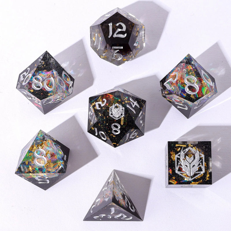 Hymgho 7pc RPG Dice Set: Captured Magic Hand Sanded Sharp Edge Resin - Universe Dust