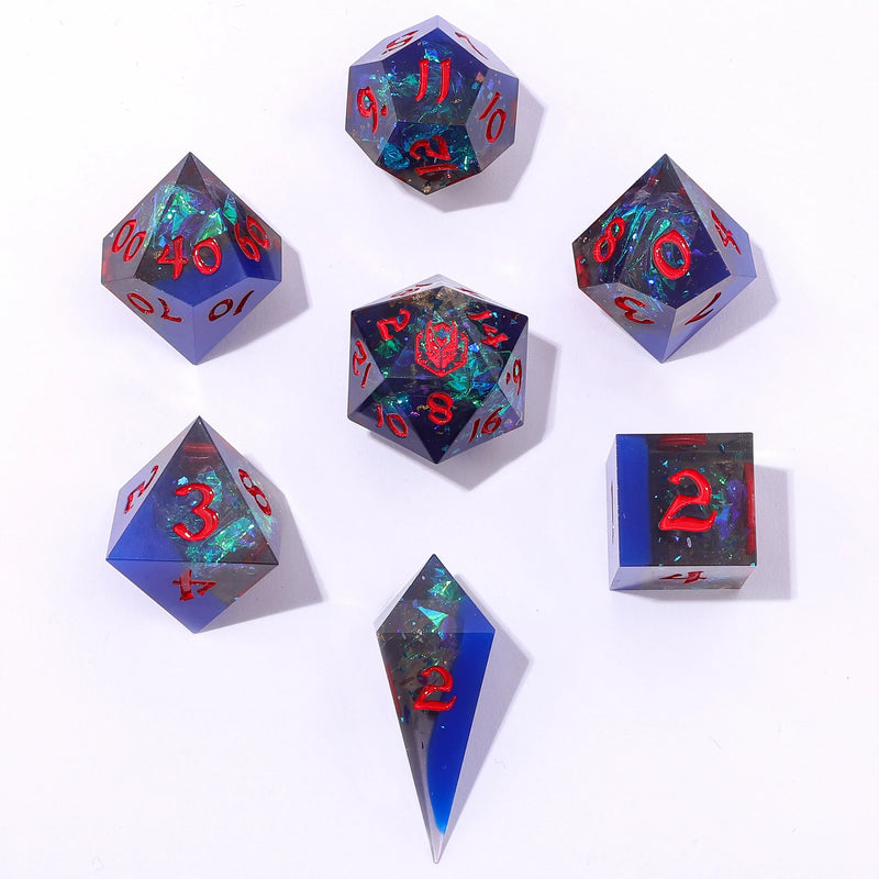 Hymgho 7pc RPG Dice Set: Captured Magic Sharp Edge Resin Dice Set - Sapphire Inferno