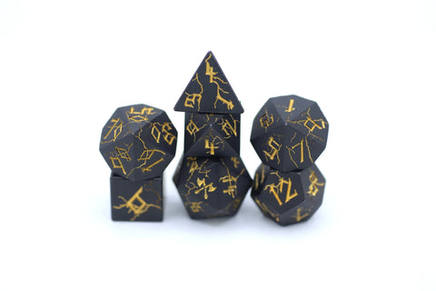 Hymgho Barbarian Solid Metal Polyhedral Dice Set - Matt Black with Gold
