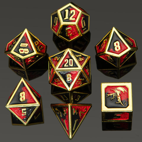 Hymgho Draconis Solid Metal Polyhedral Dice set - Gold with Red & Black