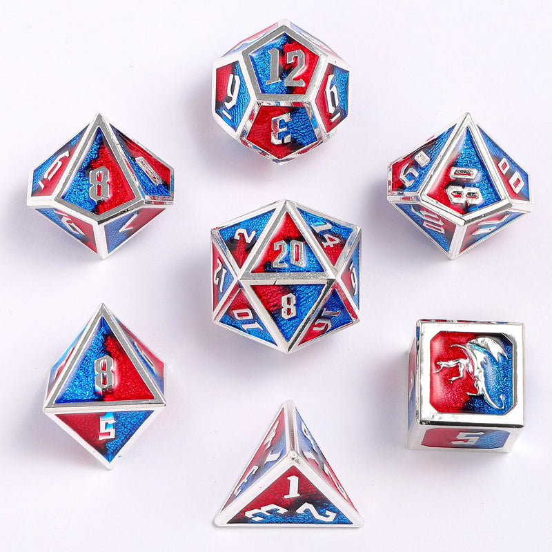 Hymgho Draconis Solid Metal Polyhedral Dice set - Silver with Red and Blue