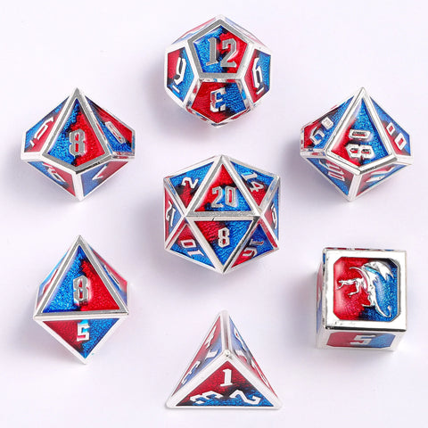 Hymgho Draconis Solid Metal Polyhedral Dice set - Silver with Red and Blue