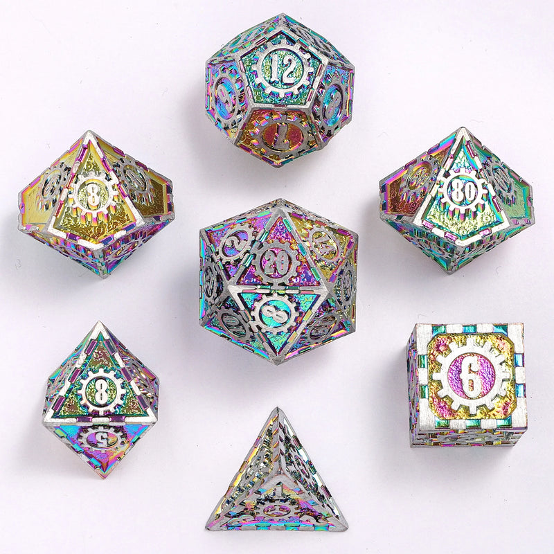 Hymgho Solid Metal Gear Dice Polyhedral Dice Set - Matte Silver with Rainbow