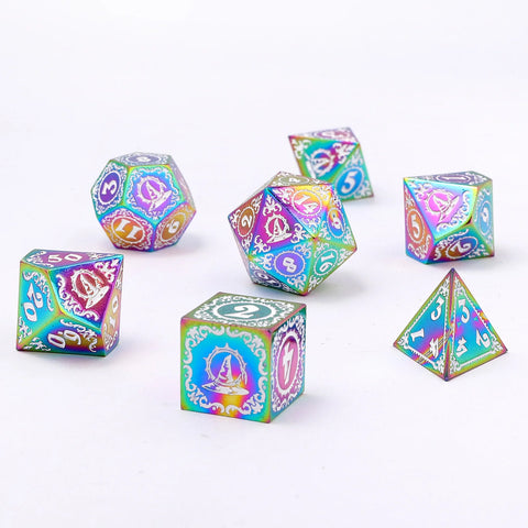 Hymgho Wizard Solid Metal Polyhedral Dice Set - Rainbow w/ White