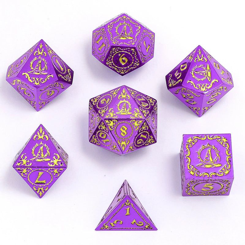 Hymgho Wizard Solid Metal Polyhedral Dice Set - Purple w/ Gold