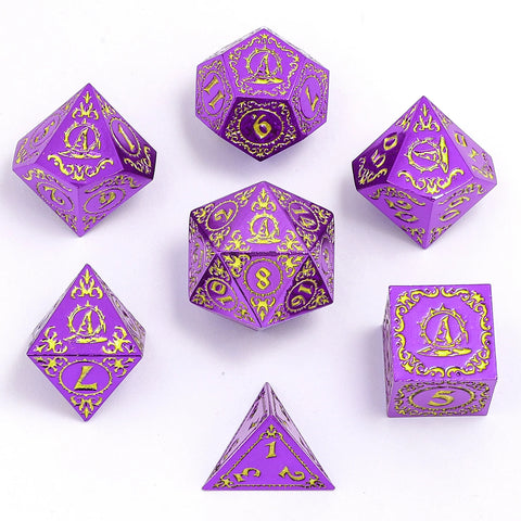 Hymgho Wizard Solid Metal Polyhedral Dice Set - Purple w/ Gold