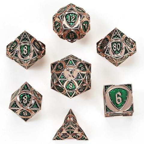 Hymgho Solid Metal Fighter Class RPG Dice Set - Copper w/ Green
