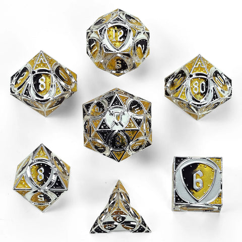 Hymgho Solid Metal Fighter Class RPG Dice Set - Silver w/ Yellow & Black