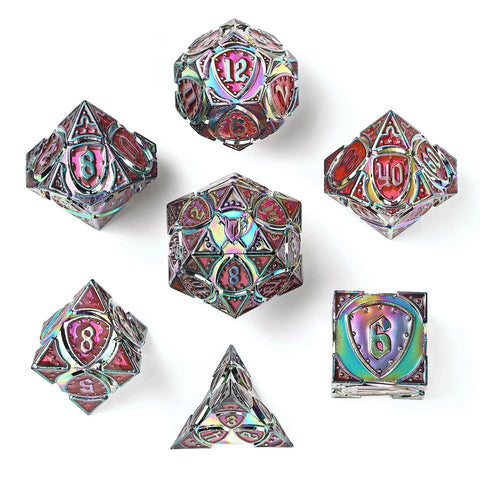Hymgho Solid Metal Fighter Class RPG Dice Set - Rainbow w/ UV-Reactive Pink
