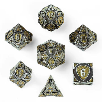 Hymgho Solid Metal Fighter RPG Dice Set - Ancient Silver w/Yellow Glitter