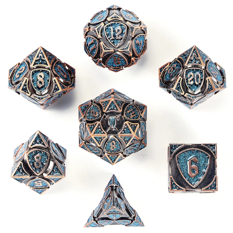 Hymgho Solid Metal Fighter Class RPG Dice Set Glitter - Copper w/ Blue Glitter