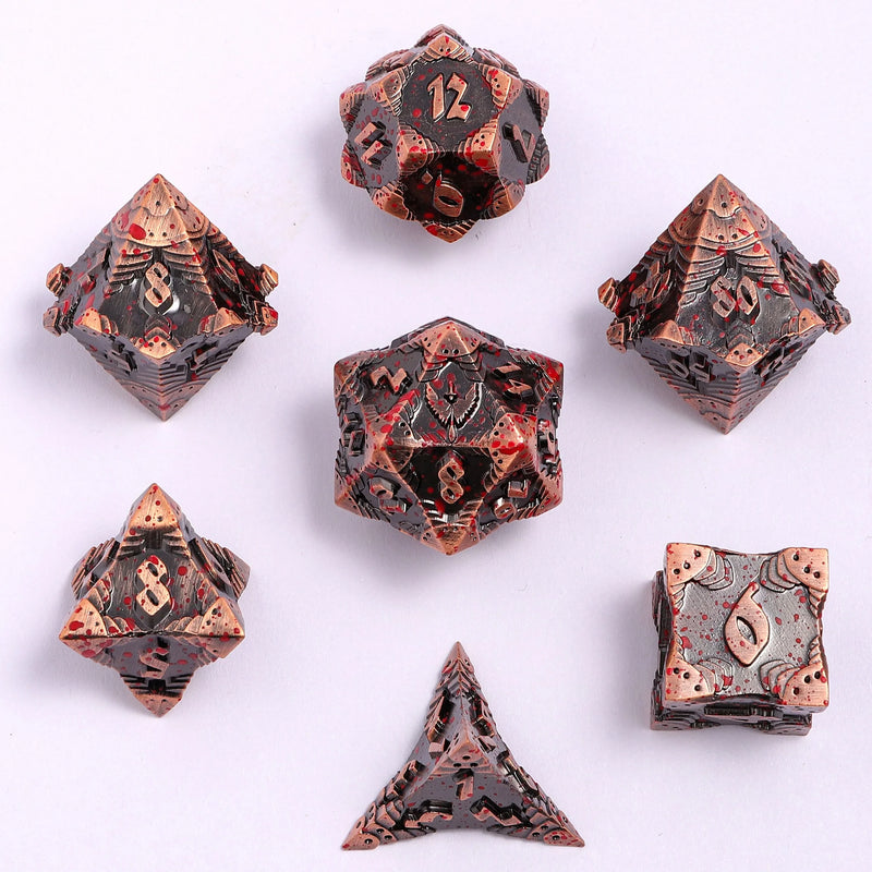 Hymgho Solid Metal Paladin Class RPG Dice Set Glitter - Ancient Copper w/ Blood Splatter