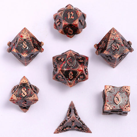 Hymgho Solid Metal Paladin Class RPG Dice Set Glitter - Ancient Copper w/ Blood Splatter