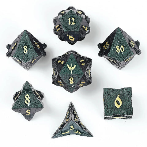 Hymgho Solid Metal Paladin Class RPG Dice Set Glitter - Green w/ Gold