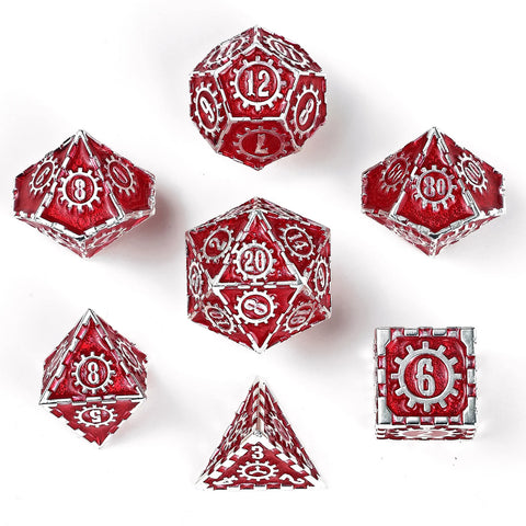 Hymgho Solid Metal Gear Dice Polyhedral Dice Set - Silver with Red
