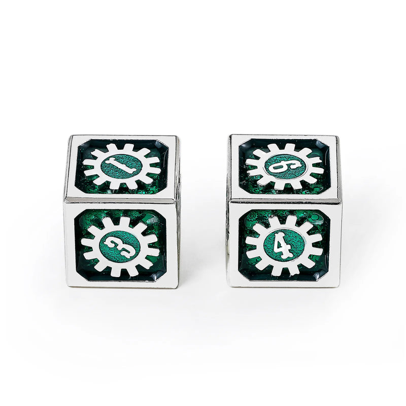 Hymgho Cogcraft Fidget 2x D6 - Time Machine - Green & Silver