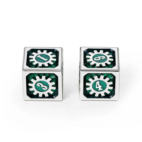 Hymgho Cogcraft Fidget 2x D6 - Time Machine - Green & Silver