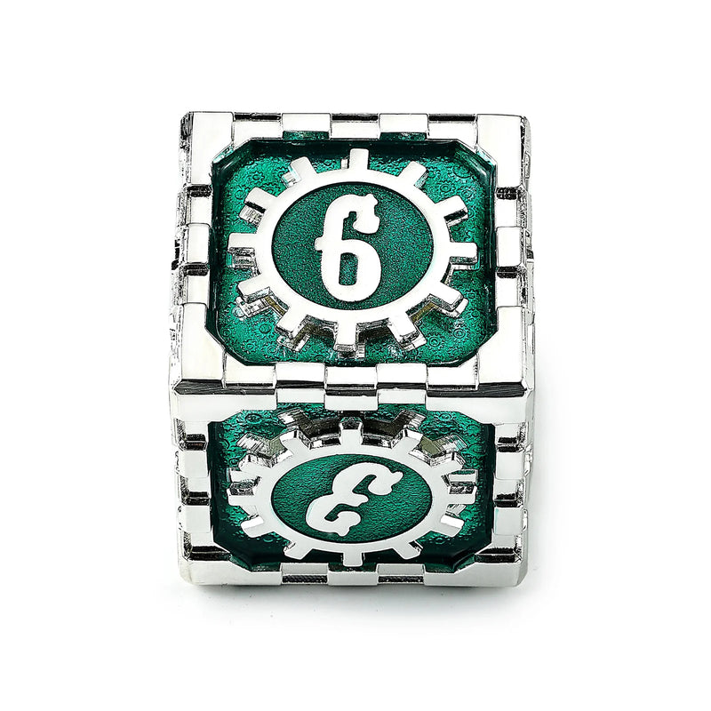 Hymgho Mythic Size Cogcraft Fidget D6 - Time Machine - Green & Silver