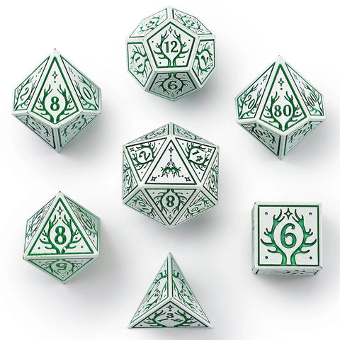 Hymgho Solid Metal Druid RPG Dice set - White w/Green