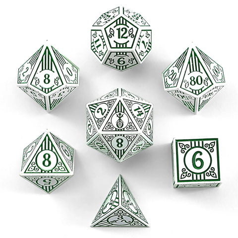Hymgho Solid Metal Bard RPG Dice Set - White w/Green