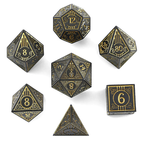 Hymgho Solid Metal Bard RPG Dice Set - Matt Black w/Gold