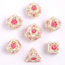 Hymgho Hollow Metal RPG Dice set - Rose Matt Silver w/ Pink