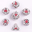 Hymgho Hollow Metal RPG Dice set - Rose White w/Blood Splatter
