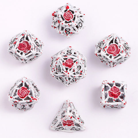 Hymgho Hollow Metal RPG Dice set - Rose White w/Blood Splatter