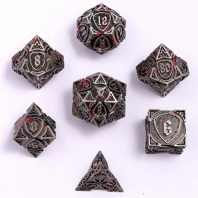 Hymgho Solid Metal Fighter RPG Dice Set - Ancient Silver w/ Blood Splatter