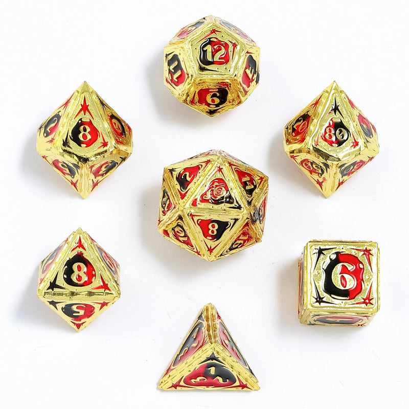 Hymgho Solid Metal Sorcerer RPG Dice set -Gold w/ Red & Black