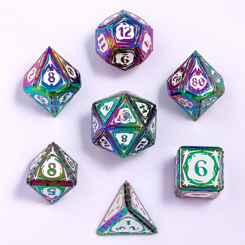 Hymgho Solid Metal Sorcerer RPG Dice set - Rainbow w/ White