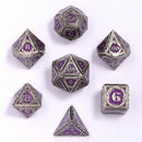 Hymgho Solid Metal Sorcerer RPG Dice set - Ancient Silver w/ Purple Glitter