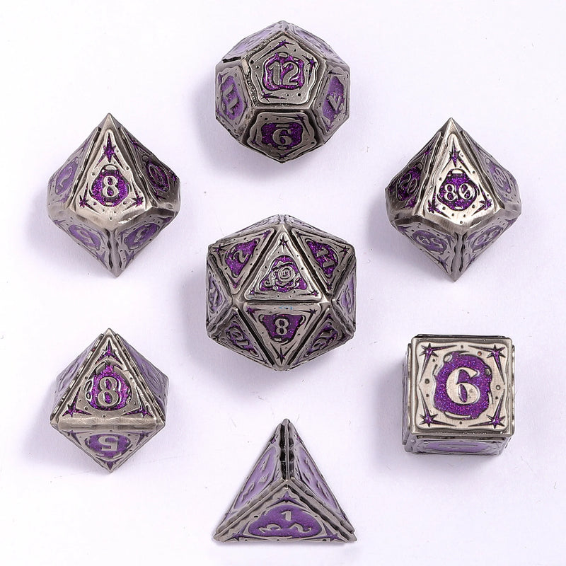 Hymgho Solid Metal Sorcerer RPG Dice set - Ancient Silver w/ Purple Glitter