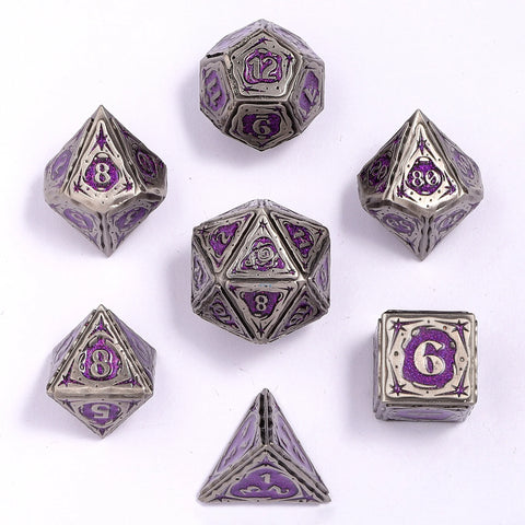 Hymgho Solid Metal Sorcerer RPG Dice set - Ancient Silver w/ Purple Glitter