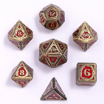 Hymgho Solid Metal Sorcerer RPG Dice set - Ancient Bronze w/ Red Glitter