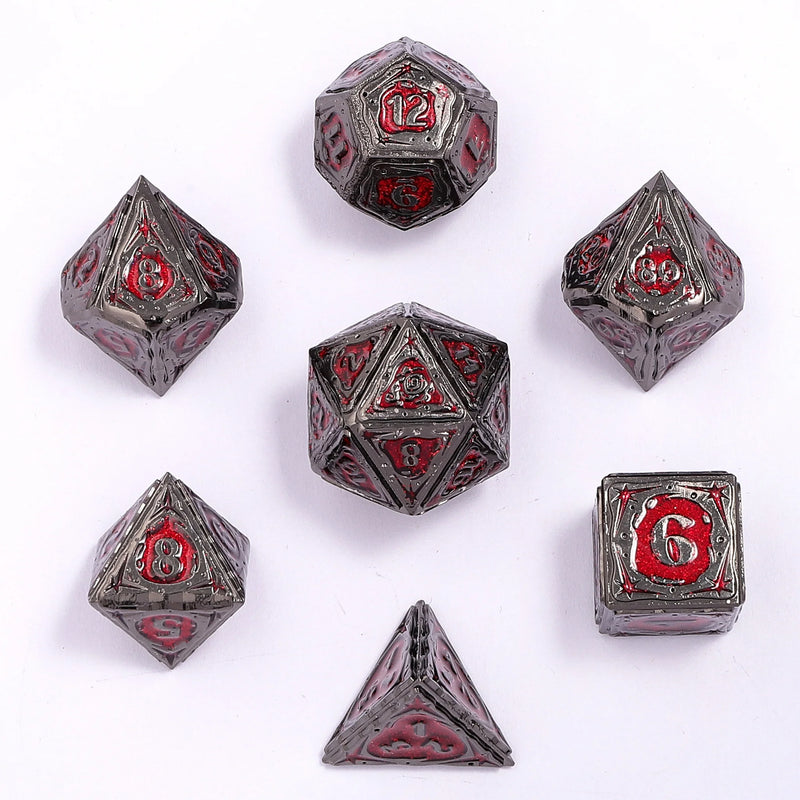 Hymgho Solid Metal Sorcerer RPG Dice set - Gunmetal w/ Red Glitter