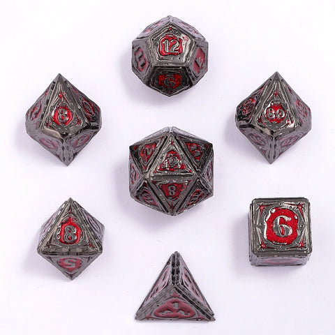 Hymgho Solid Metal Sorcerer RPG Dice set - Gunmetal w/ Red Glitter