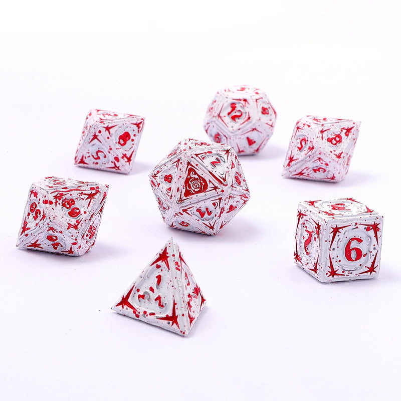 Hymgho Solid Metal Sorcerer RPG Dice set - Matt White w/ Blood Splatter