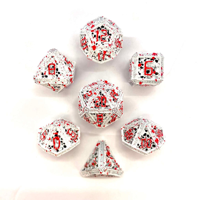 Hymgho Hollow Metal RPG Dice set - Necromancer - White w/ Blood Splatters
