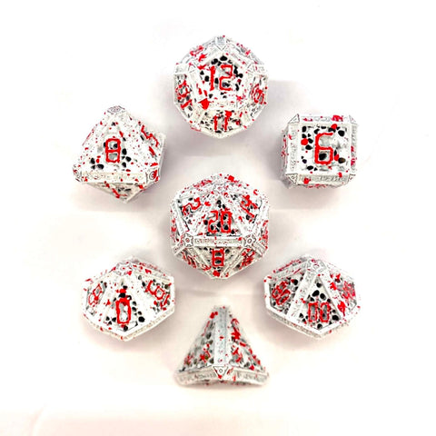 Hymgho Hollow Metal RPG Dice set - Necromancer - White w/ Blood Splatters