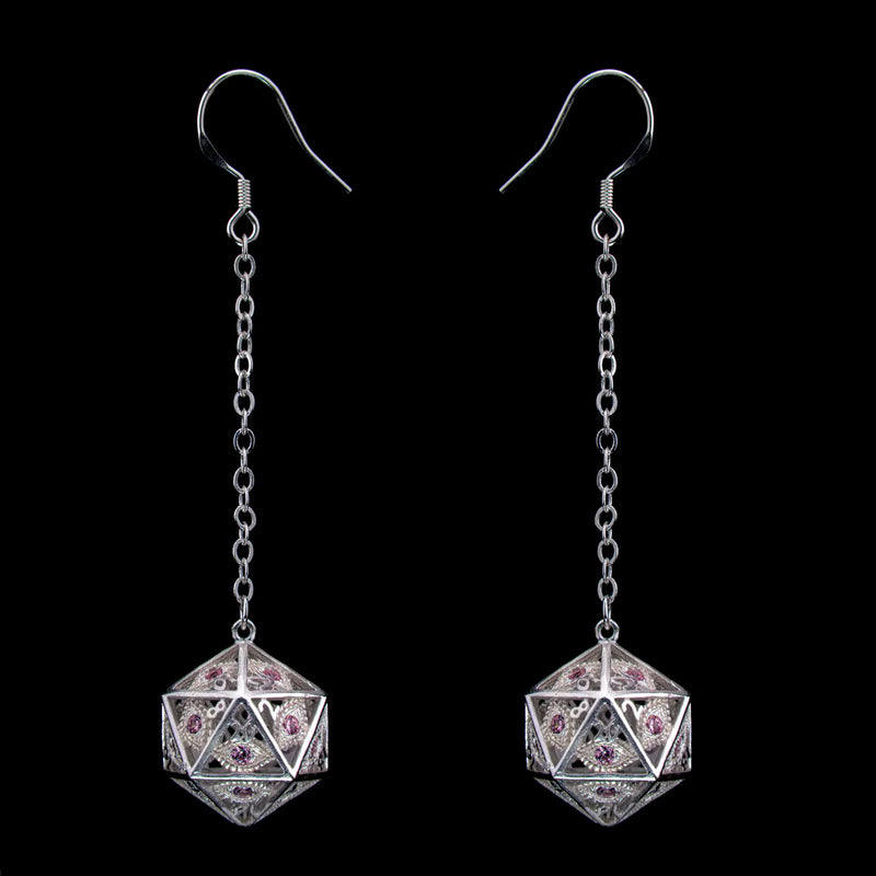 Hymgho Dragon's Eye D20 Earrings - Silver w/ Pink Gems